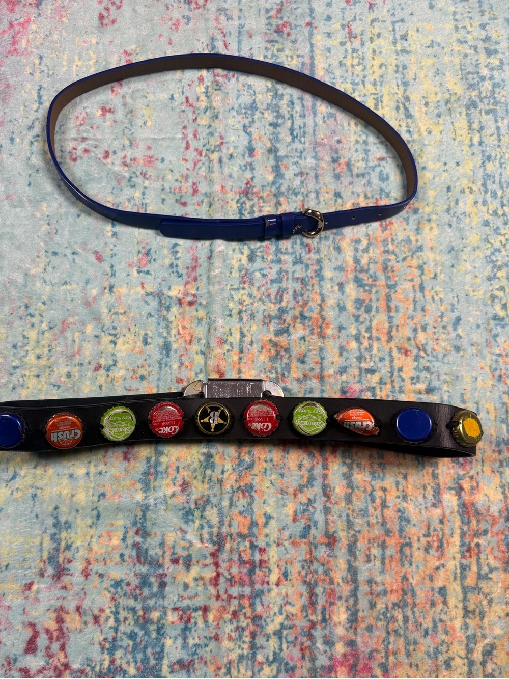 🦋Lot of 2 belts Blue Patent Skinny Belt & Black Bottlecap Embellished Wristband